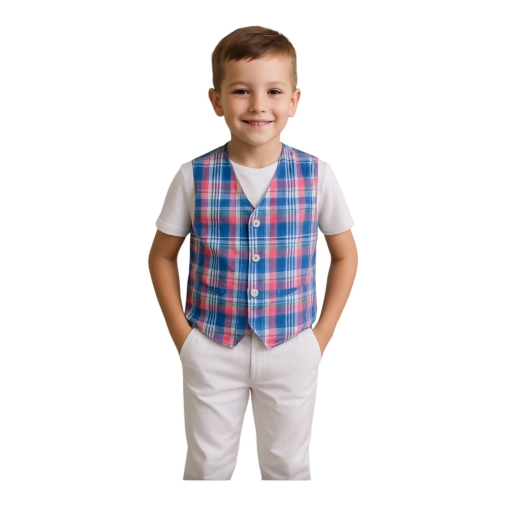 IZOD Boys Vest Size 8 Plaid Button Front Cotton Blue Pink Easter
